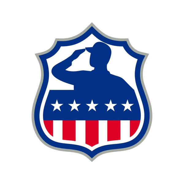 American Soldier Saluting USA Flag Crest Icon — Stock Vector