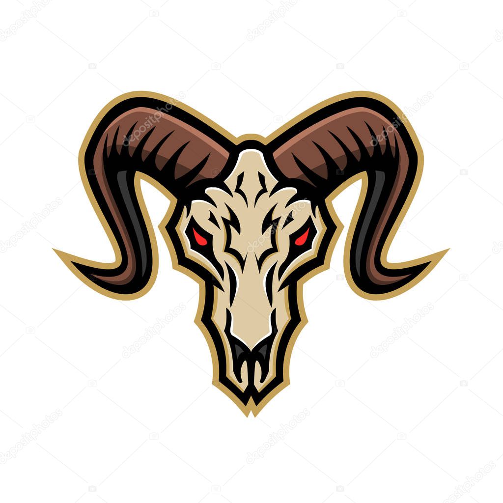 Mascot icon illustration of skull of bighorn sheep or ram viewed from front on isolated background in retro style.