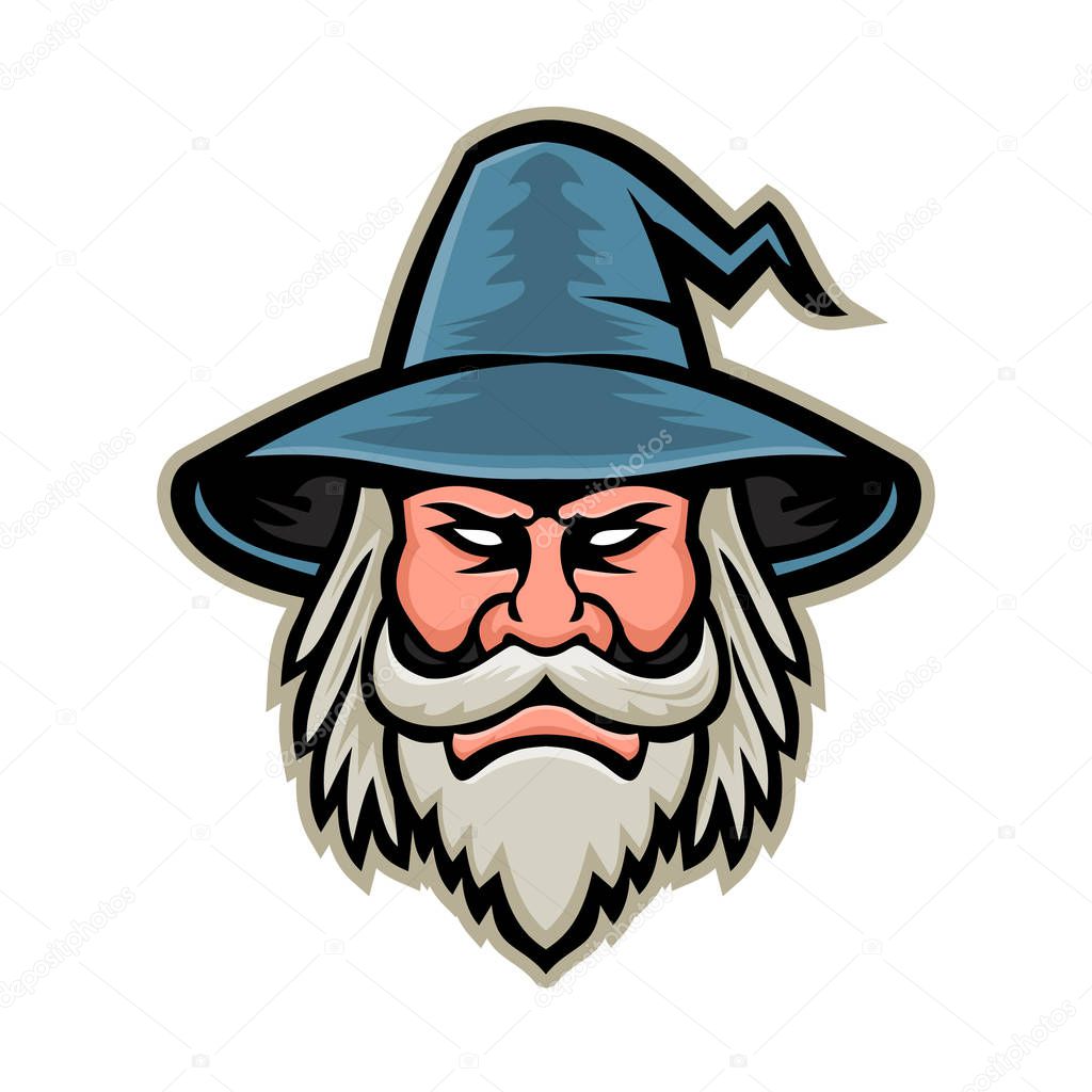 Mascot icon illustration of head of a black wizard, sorcerer or magician, a practitioner of magic and witchcraft wearing a pointed hat viewed from front on isolated background in retro style.