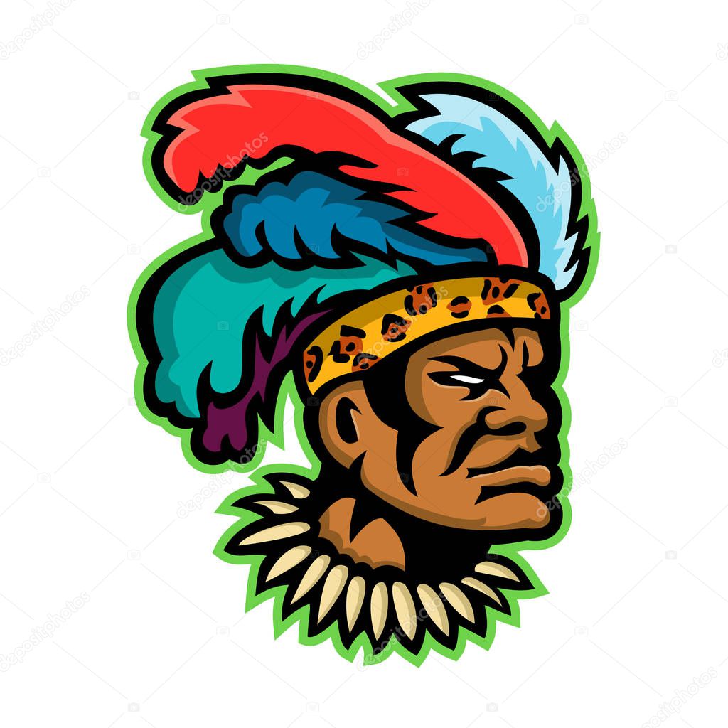 Mascot icon illustration of head of an African Zulu warrior wearing feather headdress viewed from side on isolated background in retro style.