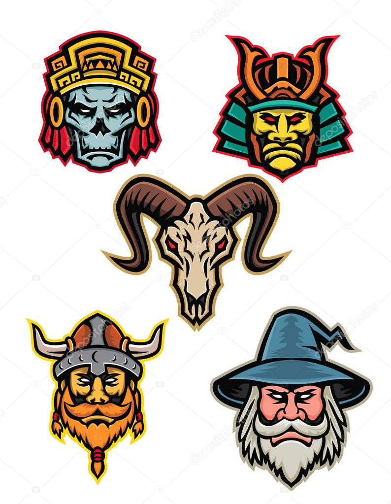 Mascot icon illustration set of heads of an Aztec warrior skull, Samurai warrior,bighorn sheep skull, Viking warrior or Norse raider and wizard  viewed from front isolated background in retro style.