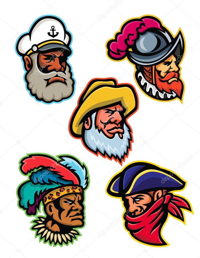 Mascot icon illustration set of heads of a conquistador or explorer, sea captain or skipper, old fisherman, Zulu warrior and a highwayman or robber viewed from  on isolated background in retro style.