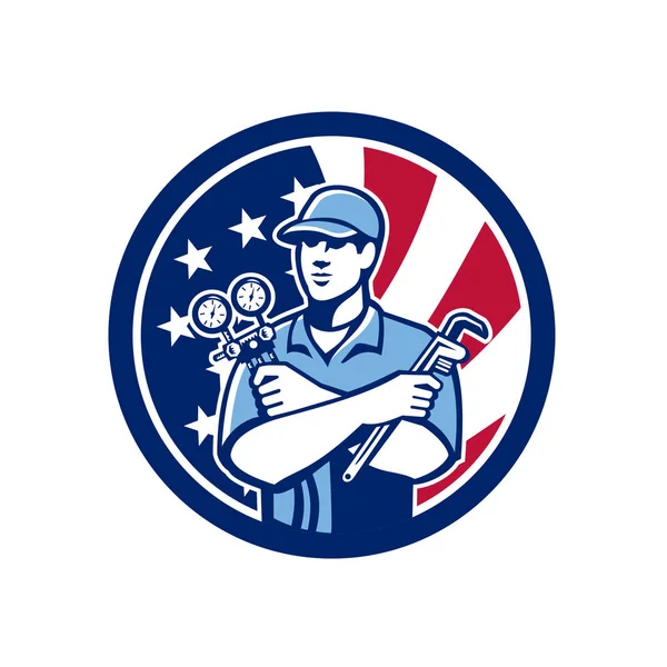 American Air-Con Serviceman USA Flag Icon — Stock Vector