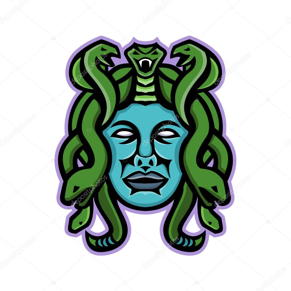 Mascot icon illustration of head of Medusa, in Greek mythology, a monster, a Gorgon, described as a winged human female with living venomous snakes in place of hair viewed from front in retro style.