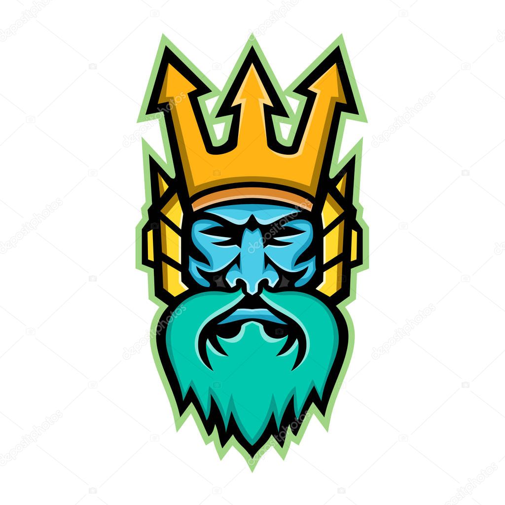 Mascot icon illustration of head of Poseidon, god of the Sea in Greek religion and myth, wearing a trident crown viewed from front on isolated background in retro style.