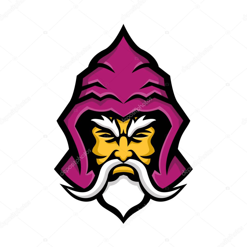 Mascot icon illustration of head of a Wizard, sorcerer or warlock, a practitioner of magic derived from supernatural, occult, or arcane sources viewed from  front done in retro style.