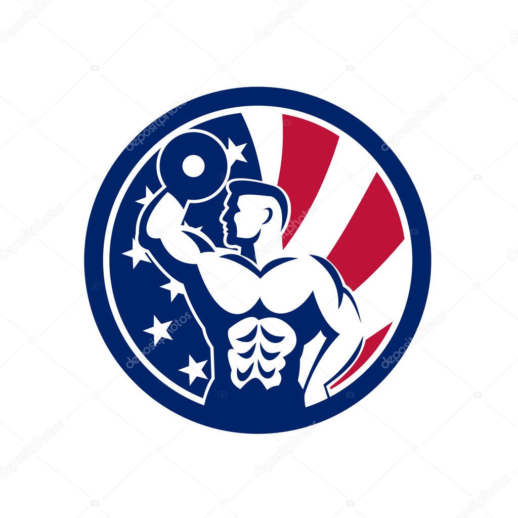 Icon retro style illustration of an American  fitness gym showing a bodybuilder lifting dumbbell  with United States of America USA star spangled banner or stars and stripes flag inside circle.