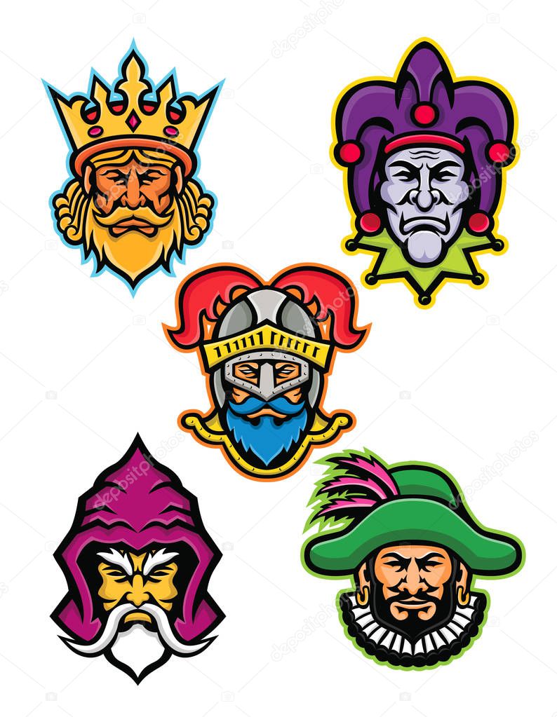 Mascot icon illustration set of heads of the European medieval royal court figures like the king or monarch, court jester or fool, knight, wizard or sorcerer and the minstrel viewed from front on isolated background in retro style.