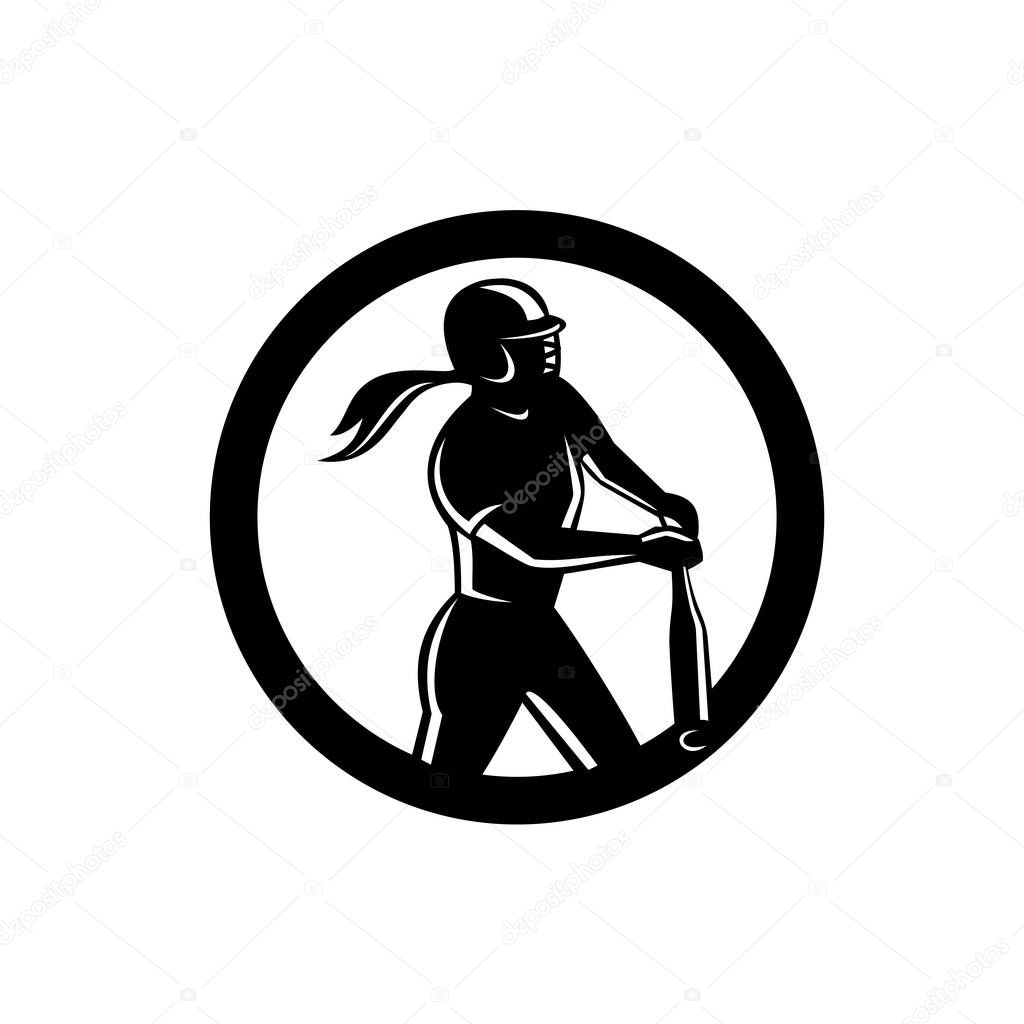 Mascot icon illustration of a female softball player batting with bat set inside circle viewed from side on isolated background in retro style done in black and white.
