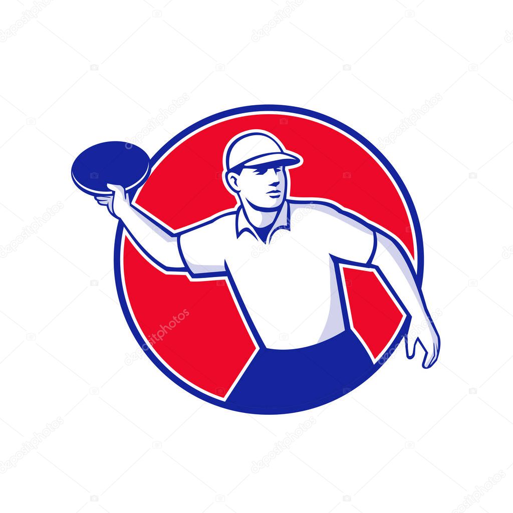 Mascot icon illustration  of an disc golf player throwing a flatball or frisbee set inside circle shape viewed from side on isolated background in retro style.