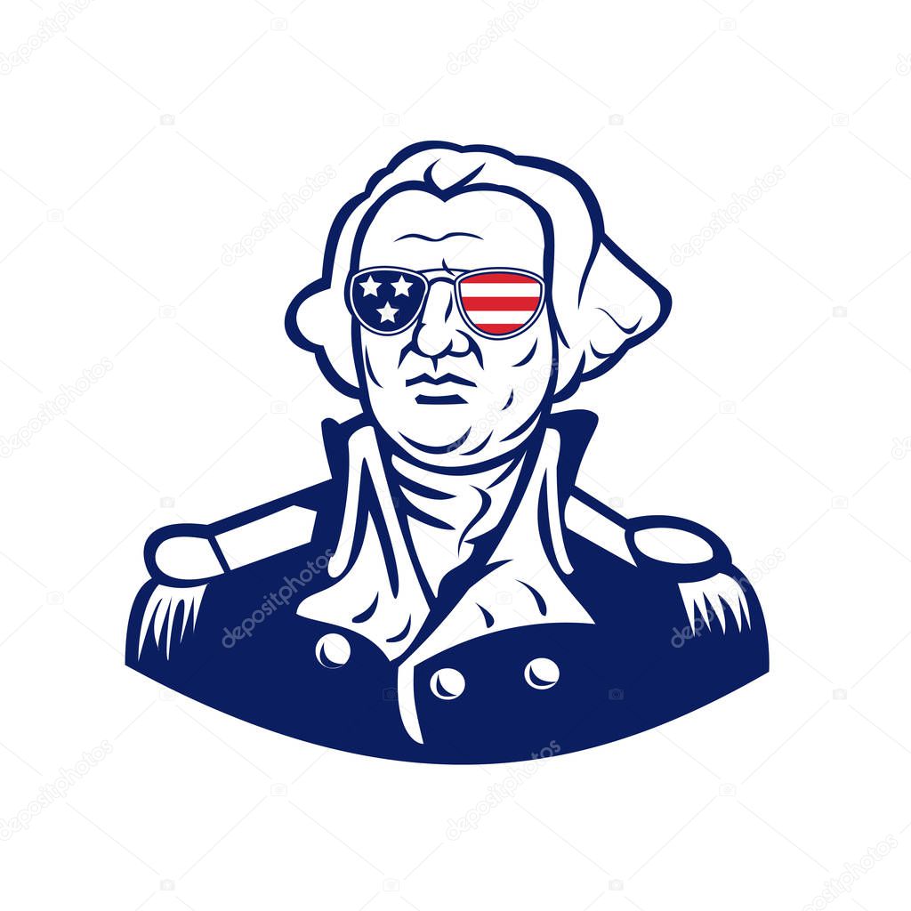 Mascot icon illustration of head of American president and founding father, George Washington wearing sunglasses with USA flag stars and stripes viewed from front on isolated background in retro style.