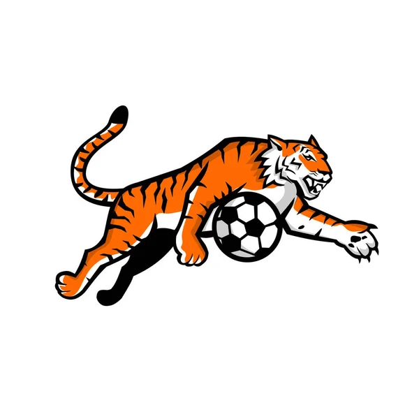 Tiger hoppa fotboll boll maskot — Stock vektor