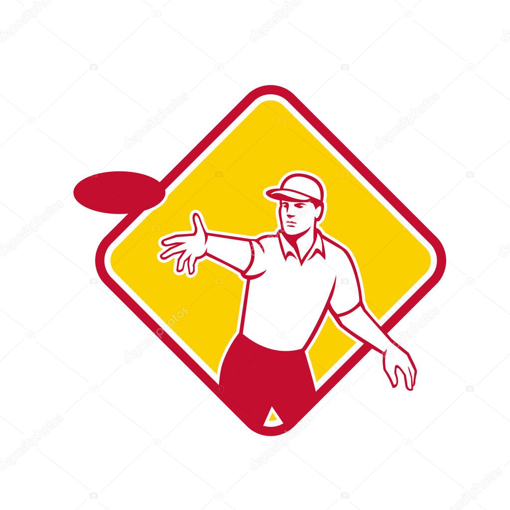 Mascot icon illustration  of an disc golf player throwing a flatball or frisbee set inside diamond shape viewed from front on isolated background in retro style.