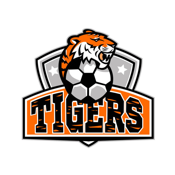 Mascot icon illustration of head of a tiger with soccer football ball set inside crest or shield with word Tigers viewed from front on isolated background in retro style.