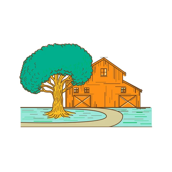 Моно Линия Иллюстрация Американского Сарая Фермерского Дома Дубом Спереди Дороги — стоковый вектор