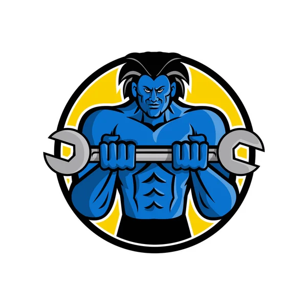 吉祥物图标 蓝色肌肉怪物 有扳手或扳手 内圈设置从前面看孤立的背景在复古风格 — 图库矢量图片