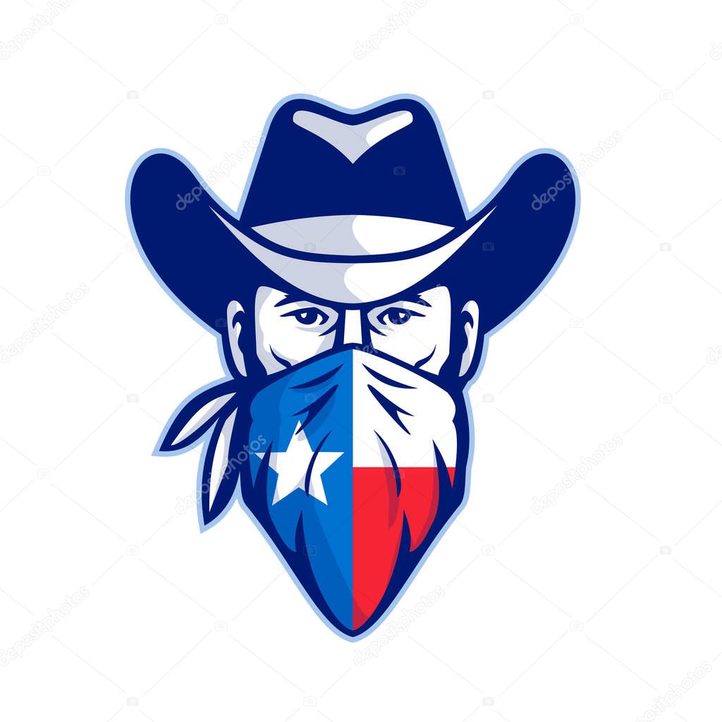 Mascot icon illustration of head of Texan bandit, outlaw or highwayman wearing cowboy hat and bandana, kerchief or bandanna with Texas Lone Star flag front view on isolated background in retro style.