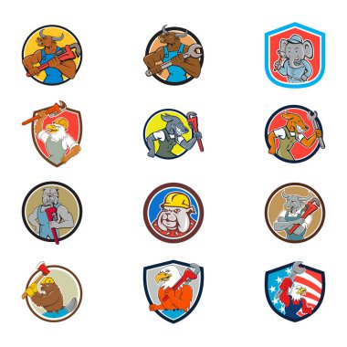 Set collection of cartoon character mascot illustration of animal tradesman industrial workers like bull, elephant, american eagle, dog, bulldog, cow, beaver, bird set in circle crest on isolated. clipart