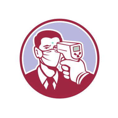 Retro style illustration of a man being screened for coronavirus using a  non contact forehead infrared body temperature scanner inside circle shape on isolated background. clipart