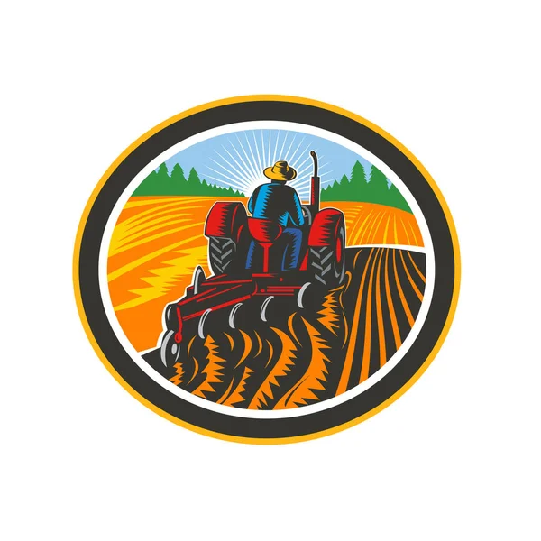 Illustration Rétro Ouvrier Agricole Conduisant Tracteur Vintage Labourant Une Ferme — Image vectorielle