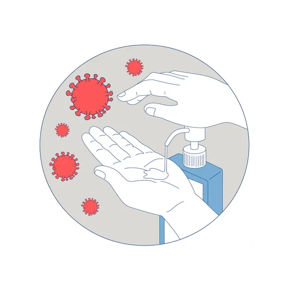 Monolinie Illustration Der Mikroskopischen Coronavirus Zelle Schwimmend Mit Hand Pumpenden — Stockvektor