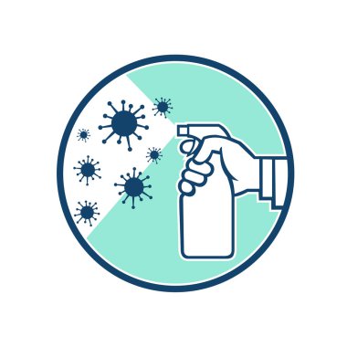 Coronavirüs, COVID-19 ya da grip virüsü mikroskobik hücresi üzerine dezenfektan püskürten el spreyinin ikon retro tarzı çizimi izole edilmiş arka plan içerisine yerleştirilmiş..