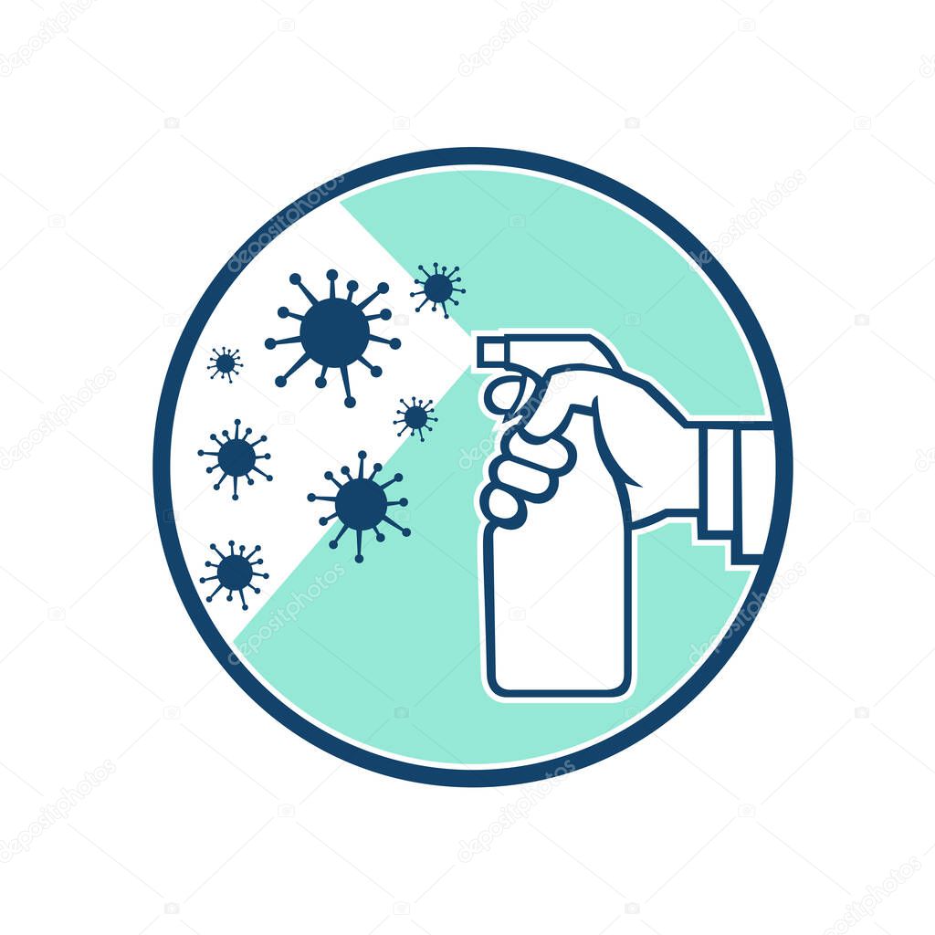 Icon retro style illustration of a hand spraying disinfectant spray on coronavirus,  COVID-19 or influenza virus microscopic cell set inside circle on isolated background.