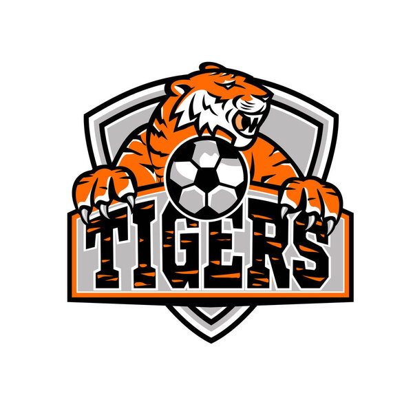 Sports mascot icon illustration of a tiger with soccer football ball viewed from front set inside shield, crest or badge with text Tigers on isolated background in retro style.