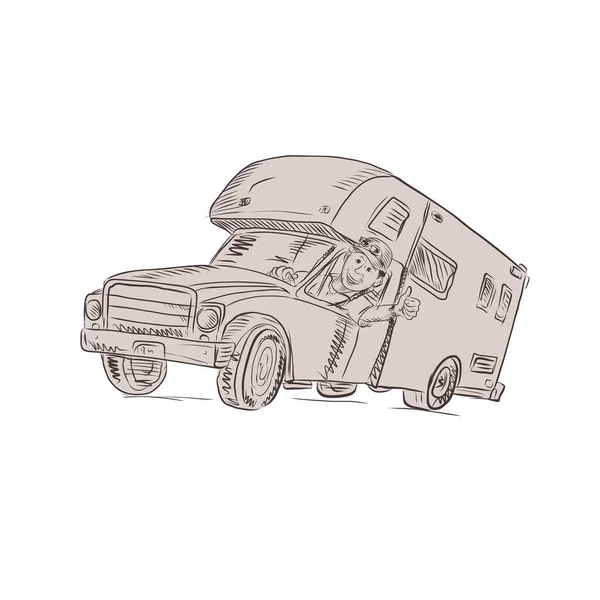 一个野营面包车司机伸出大拇指从前面看孤立的白色背景的草图风格图 — 图库矢量图片