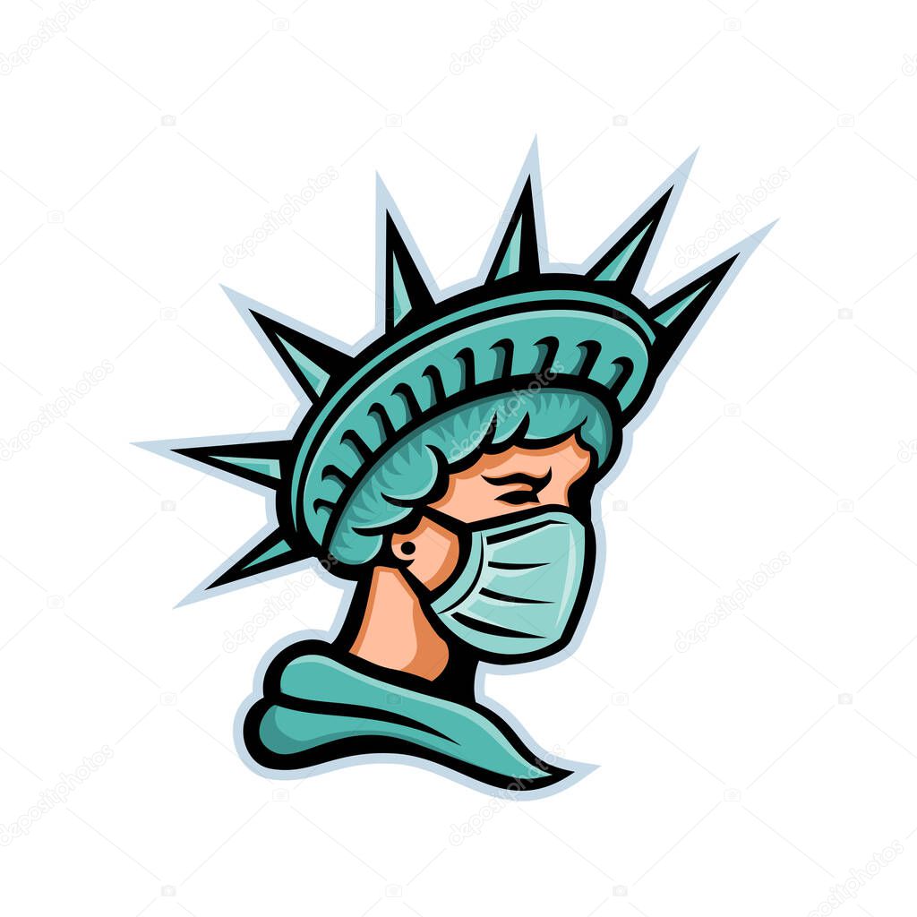 Mascot icon illustration of head of Statue of Liberty, the iconic American symbol of justice and freedom wearing a surgical mask to protect health from pandemic on isolated background in retro style.