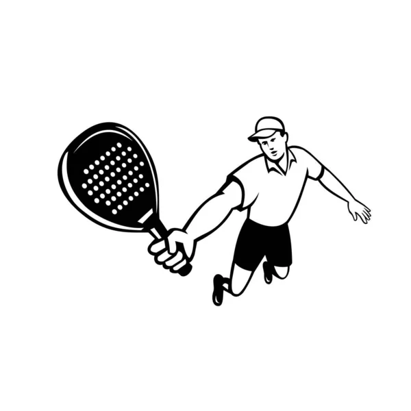 Иконка Талисмана Изображающая Игрока Падель Ракетный Спорт Струн Прыгающий Спереди — стоковый вектор