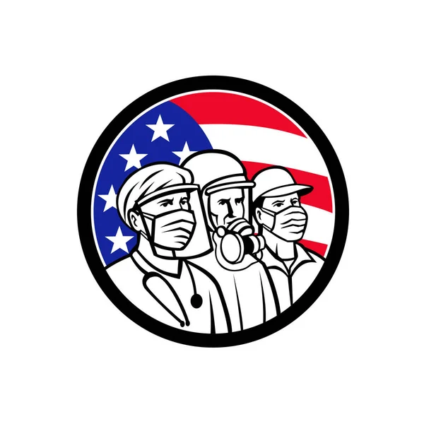 美国医学专业人员 医疗保健人员 戴着外科口罩的士兵或必要工作者的吉祥物图标 印有美国明星的图案 并以复古风格环绕着条纹标志 — 图库矢量图片
