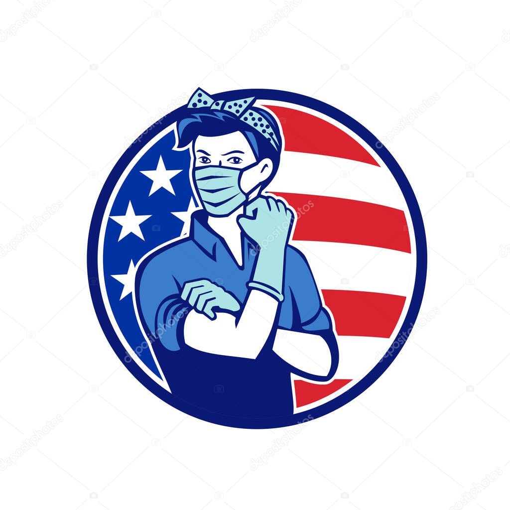 Mascot icon illustration of American Rosie the riveter as medical healthcare essential worker wearing a surgical mask and saying we can do it with USA stars and stripes flag set in circle retro style.