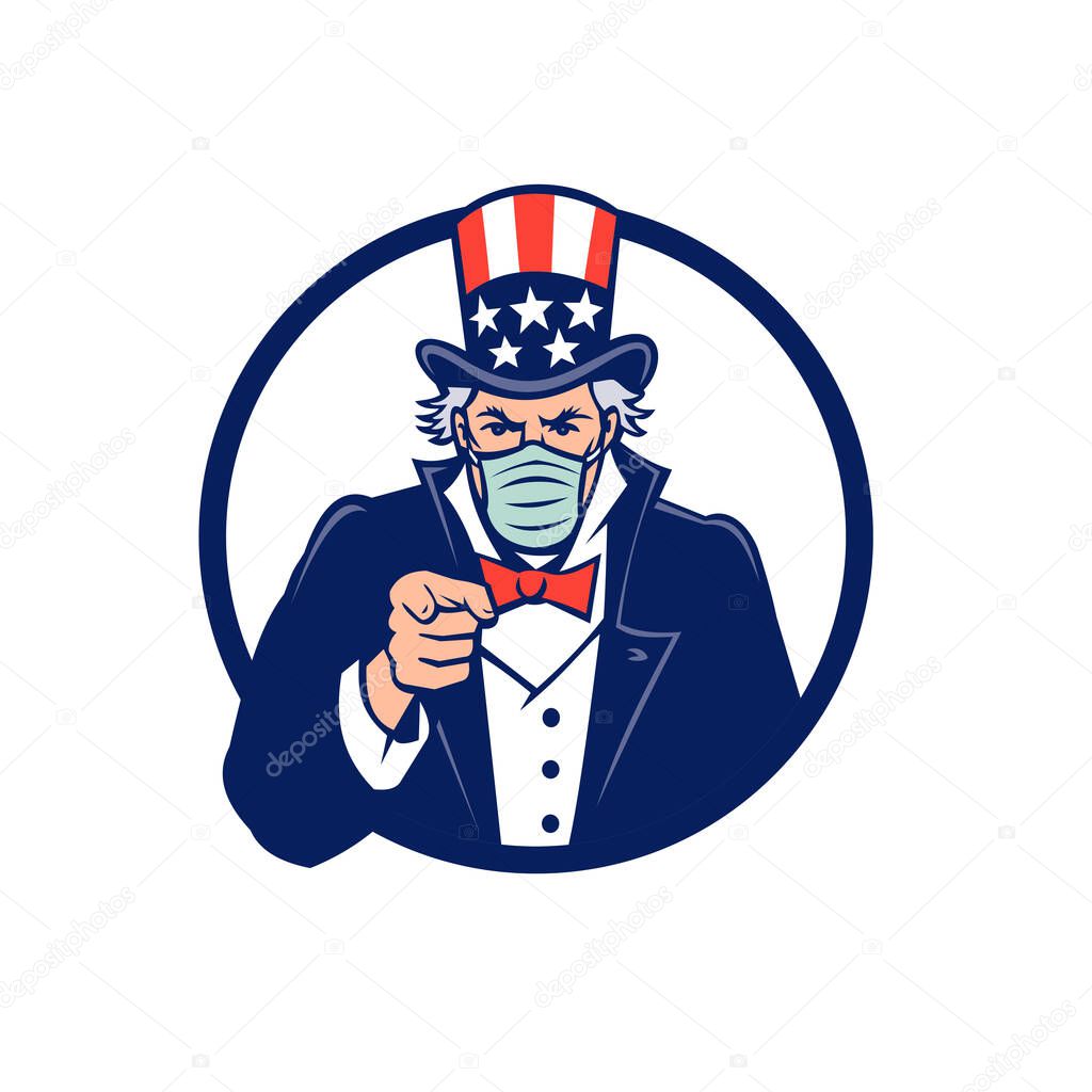 Mascot icon illustration of American Uncle Sam, national personification of the U.S. government, wearing a surgical mask, pointing at the viewer set in circle on isolated background in retro style.