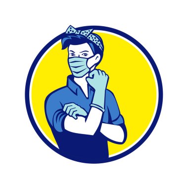 Mascot icon illustration of American Rosie the riveter as medical healthcare essential worker wearing a surgical mask flexing muscle and saying we can do it set in circle retro style. clipart
