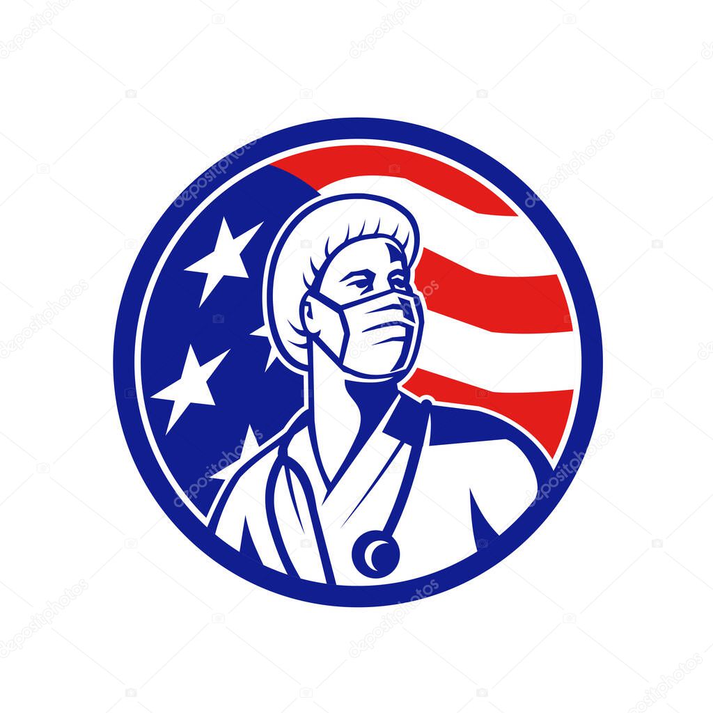 Mascot icon illustration of an American female nurse, healthcare professional or medical doctor, wearing a surgical mask looking up with USA stars and stripes flag set in circle done in retro style.