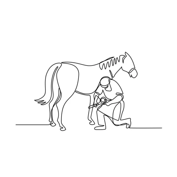 Ilustração Linha Contínua Fazendeiro Trabalhando Cavalo Aparando Casco Feito Estilo —  Vetores de Stock