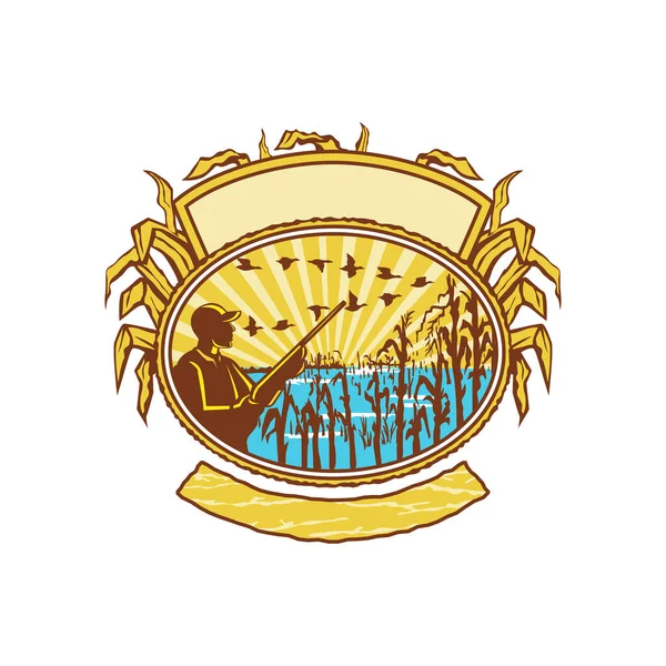 Ілюстрація Стилі Ретро Пташиного Або Качиного Мисливця Рушницею Затопленому Кукурудзяному — стоковий вектор