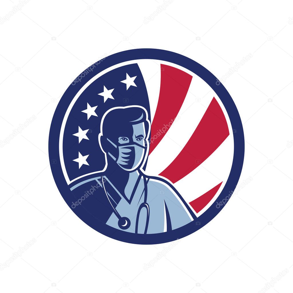 Mascot icon illustration of bust of an American male nurse,medical professional, doctor, healthcare worker wearing a surgical mask with USA stars and stripes flag set in circle done in retro style.