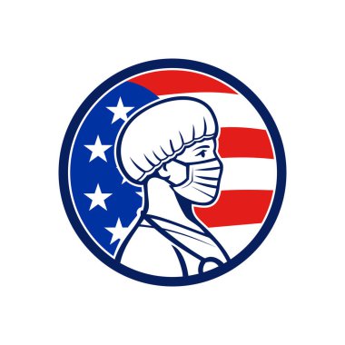 Amerikan kadın hemşire, tıp uzmanı, doktor, sağlık çalışanı, cerrahi maske ve kabarık başlık takan Amerikan yıldız ve çizgili bayrağının retro tarzı bir maskot simgesi..