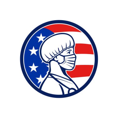 Mascot icon illustration of an American female nurse, medical professional, doctor, healthcare worker wearing a surgical mask and bouffant cap side with USA stars and stripes flag in retro style. clipart