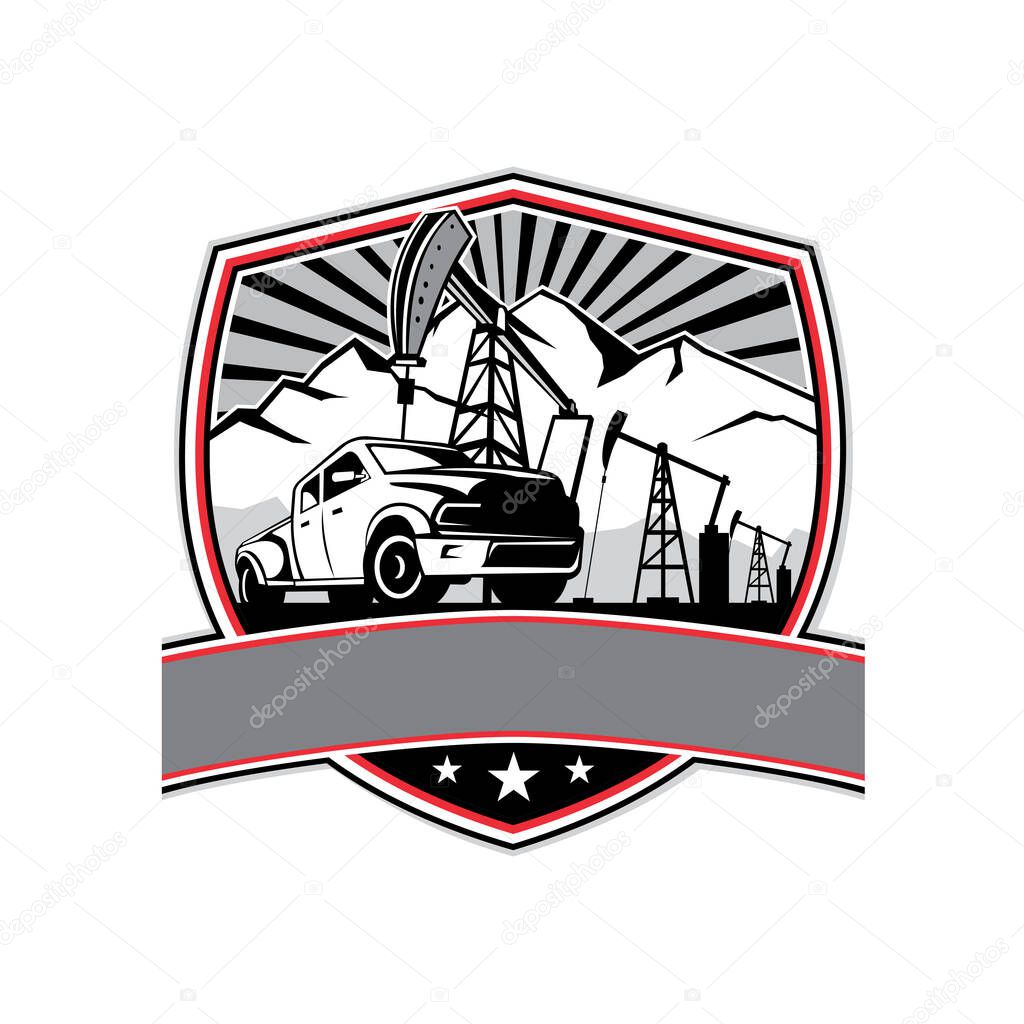 Retro style illustration of a pick-up truck with oil derrick, mountain and sunburst in background set inside crest, shield or badge on isolated background.