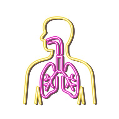 İzole edilmiş arkaplanda bir insan solunum sisteminin 1990 'lı yıllardaki neon ışıklı tabela ışıklandırmasını gösteren Retro biçimi çizimi.