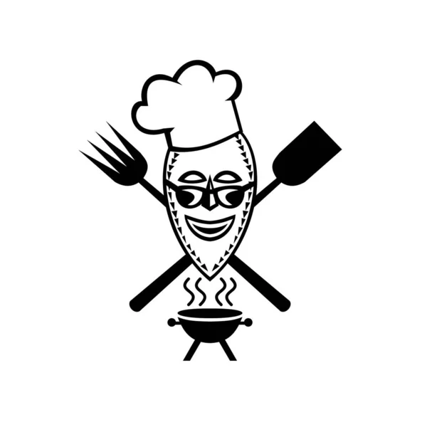 Icône Mascotte Illustration Chef Barbecue Portant Masque Africain Avec Fourchette — Image vectorielle