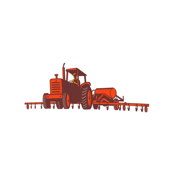 Retro Stílusú Illusztráció Mezőgazdasági Traktor Húzza Vízmentes Ammónia Vagy Nitrogén — Stock Vector