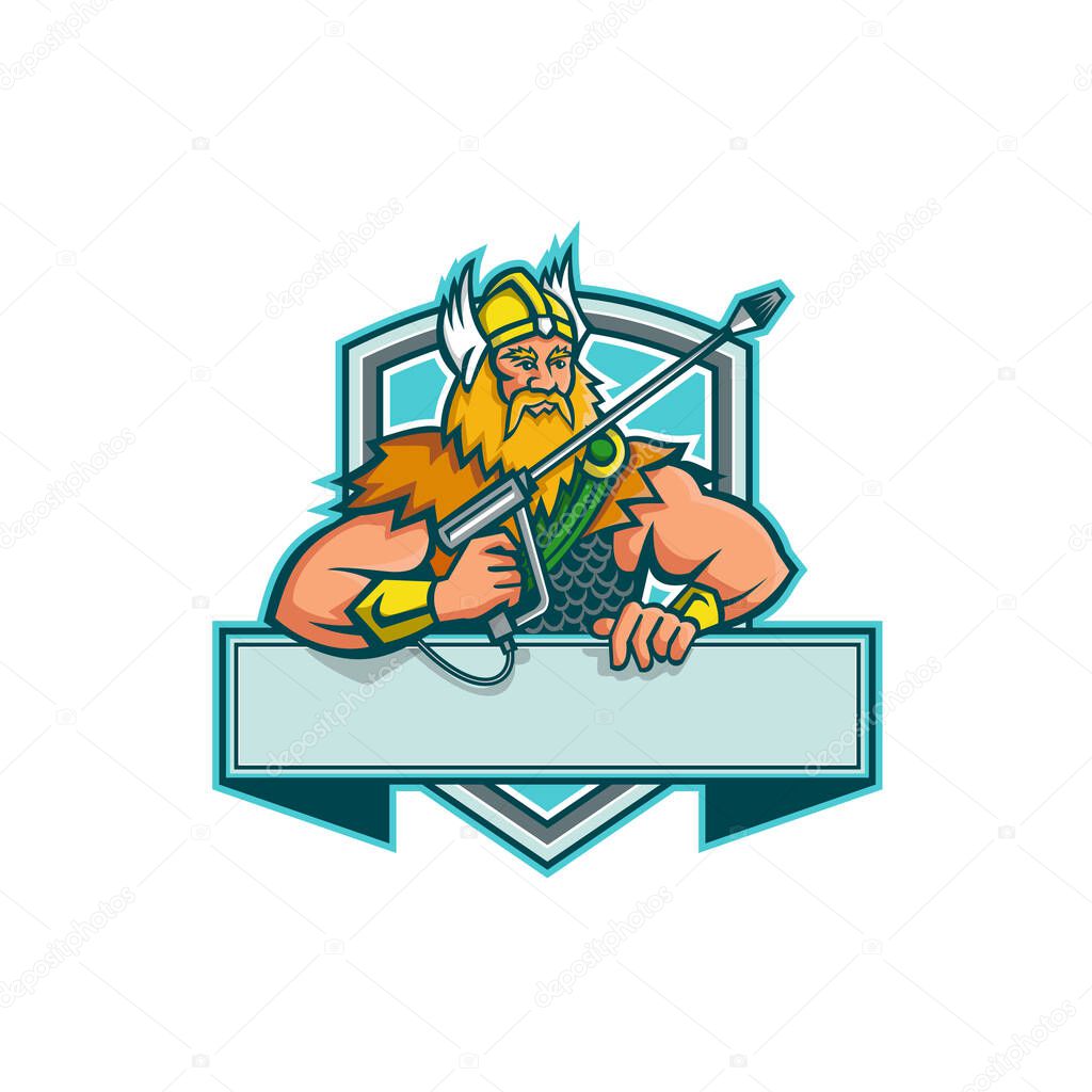 Mascot icon illustration of Norse god, Thor holding a pressure washer wand viewed from front set inside shield shape with banner below on isolated background in retro style.