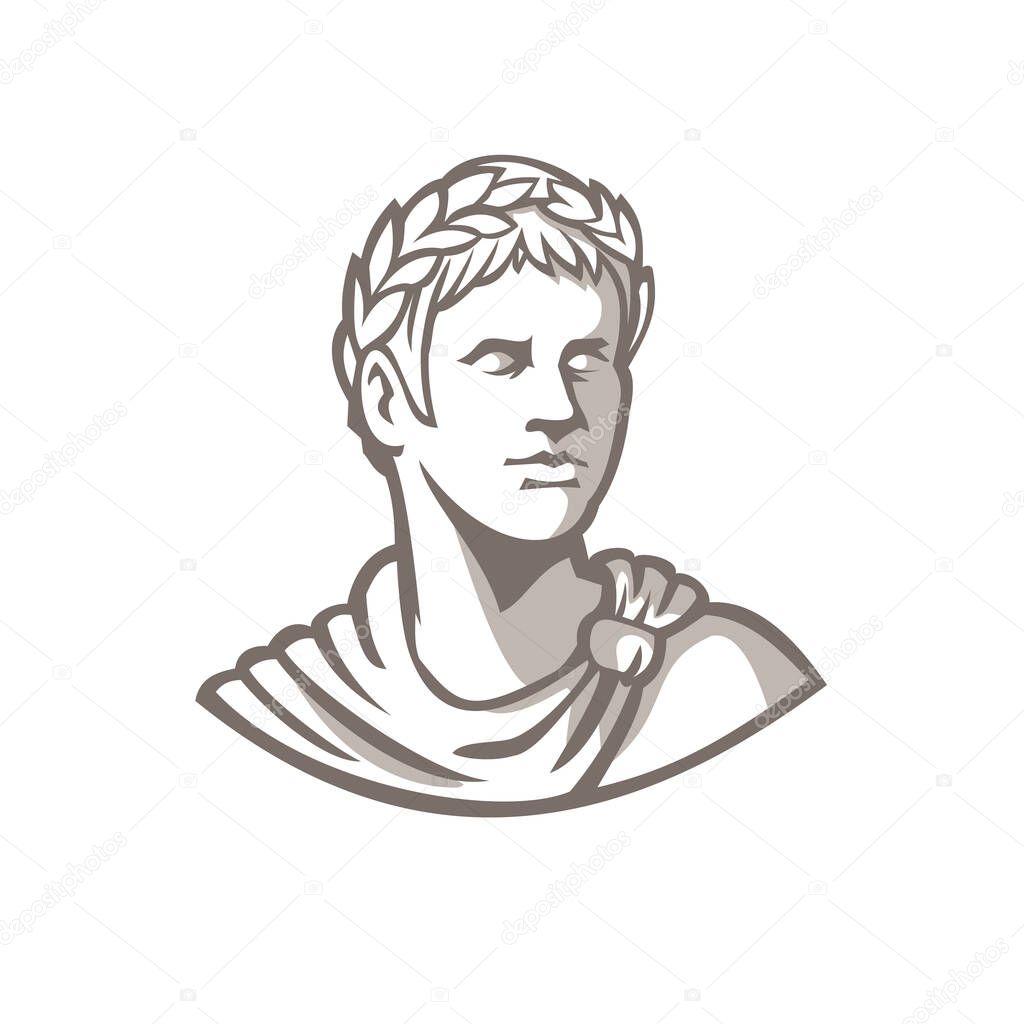 Mascot icon illustration of bust of an ancient Roman emperor, senator or Caesar, ruler of the Roman Empire during the imperial period wearing crown of laurel leaves on isolated background retro style.