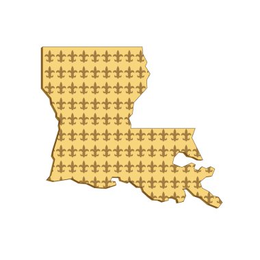 Amerika Birleşik Devletleri Louisiana eyalet haritasının izole edilmiş arka planında Fleur-de-lis olan bir özgeçmiş tasviri..