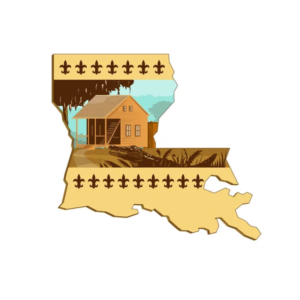 美国路易斯安那州地图内的卡军房子和鳄鱼或鳄鱼的复古风格图片说明 背景孤立 背景为跳蚤状 — 图库矢量图片