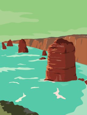 Twelve Apostles 'ın Retro WPA illüstrasyonu, Port Campbell Ulusal Parkı' ndaki kireçtaşı yığınları, Victoria, Avustralya 'daki Great Ocean Road' dan çalışma projesi yönetimi veya federal sanat projesi tarzı..